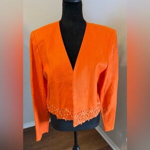 Vintage Mode 100% Linen Cropped Lace Hem Orange Blazer Jacket Size 8